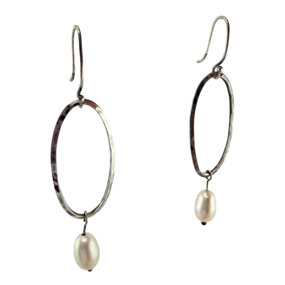 925 Sterling Silver Freshwater Pearl Hammered Ring Dangle Drop 2" Earrings